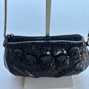 Brighton Black Croc Embossed Patent Leather 3D Rose Evening Bag Chain Strap